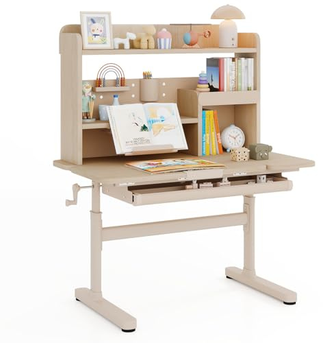 DREAMADE Kinderschreibtisch mit ergonomischer Tischplatte 100 x 60 cm, höhenverstellbarer Schreibtisch mit ausziehbarer Lesepult & Ablagefächern, Schülerschreibtisch für Kinder ab 3 Jaren (Natur)