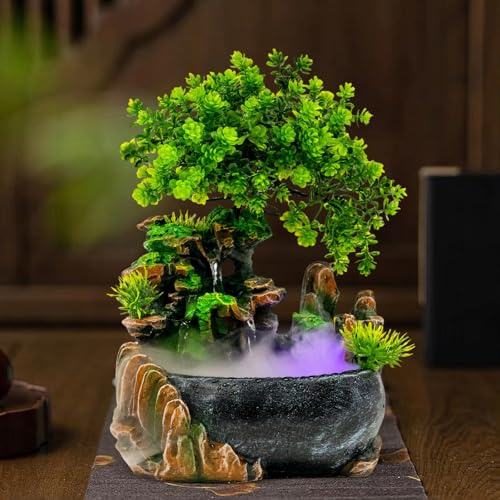 Zimmerbrunnen Wasserfall | Tischbrunnen Wasserfall | Grüne Pflanze Brunnen | Inkl. Led Beleuchtung | Wohnzimmer Deko | Beruhigend | Für Wohnzimmer & Büro (20 x 15 x 28cm)