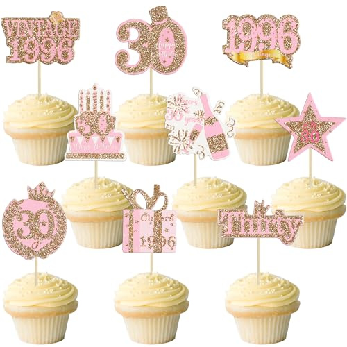 Gyufise 36Pcs Happy 30th Birthday Cupcake Toppers Glitter Rose Gold Thirty Hello 30 Vintage 1996 Cupcake Picks Cheers to 30 Years 30 Fabulous Cake Decorations for 30th Birthday Party Supplies