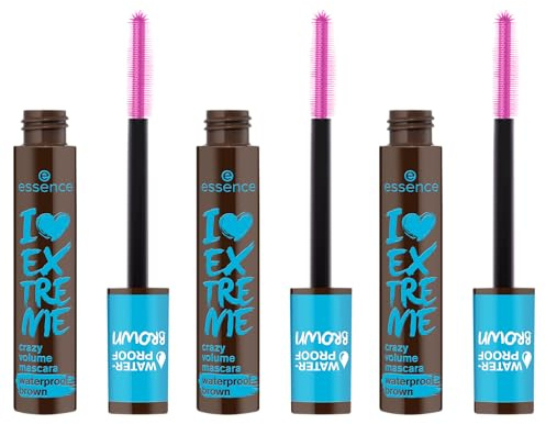essence I LOVE EXTREME crazy volume mascara waterproof brown, Nr. 01, Braun, langanhaltend, schwunggebend, vegan, wasserfest, ohne Mikroplastikpartikel, Nanopartikel frei, 3er Pack (3x12ml)