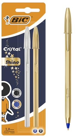 BIC Cristal Original Shine - Stylos-Bille Or et Argent Pointe Moyenne (1,0 mm) - Écriture Fluide et Élégante - Encres Bleue et Noire, Blister de 2