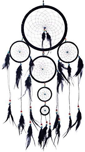 DonDon Atrapasueños Dreamcatcher Grande XXL para sueños Buenos con Perlas y Plumas Naturales Negro - Ø 28 cm
