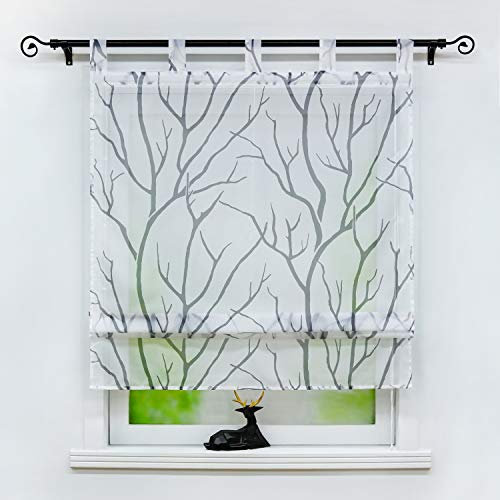 Joyswahl Voile Raffrollo Transparente Raffgardine mit Äste-Motiv »Tatjane« Schals Küche Fenster Vorhänge BxH 100x140cm weiß-grau mit Schlaufen 1er Pack