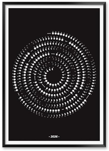 MeloPrints 2026 Moon Calendar Print, Spiral Layout Lunar Phases Poster, Astronomy Wall Art for Year-Round Home or Office Decor (Black)