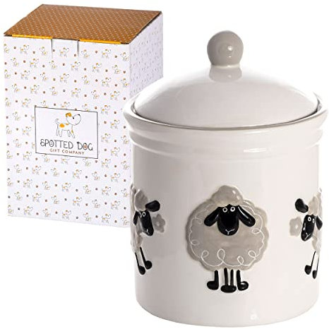 SPOTTED DOG GIFT COMPANY Keksdose Keramik mit Deckel Luftdicht - Vorratsdose, vielseitig Vorratsbehälter Aufbewahrungdose für Mehl Kaffee Tee Leckerli Zucker, Schaf Motiv Deko, Schaf Geschenk (Weiß)