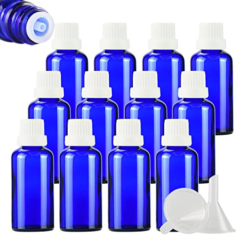 ZEOABSY 12 Stück Leer 50ml Braunglas Flasche mit Tropfmontur Originalitätsverschluss, Tropfflasche Blau mit Weiß Schraubverschluss Glasflaschen für Ätherisches Öle Essenzen Aromatherapie