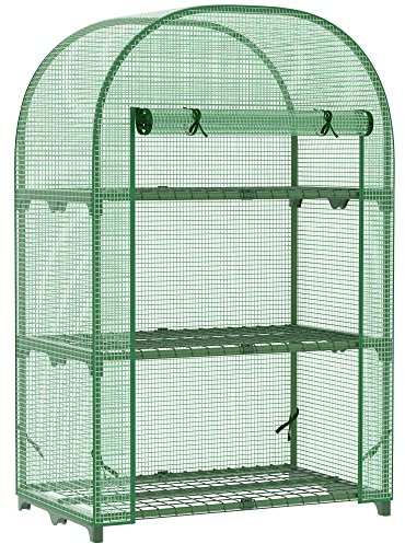 Outsunny Serra Piccola in pellicola per balcone con 3 ripiani, mini serra, casetta per pomodori, piante in metallo, verde, 80 x 49 x 120 cm