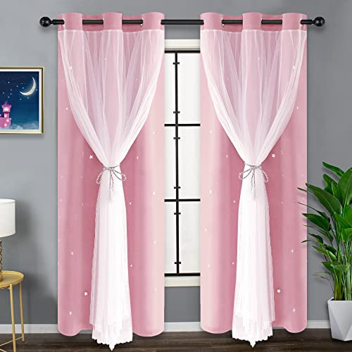 Kinryb Star Cut Out Dekorative Kindervorhänge für Mädchen, Schlafzimmer, 2-lagig, wärmeisolierte Vorhänge für Kinderzimmer, Ösen, Fenstervorhänge für Wohnzimmer/Schlafzimmer, Rosa, 42 Bx72 L
