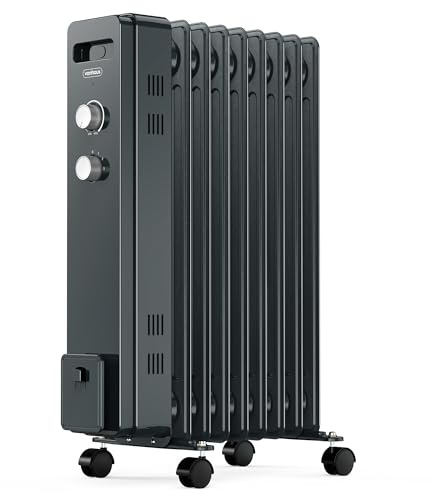 VonHaus Oil Filled Radiator 9 Fin – Oil Heater Portable Electric Free Standing 2000W for Home, Office, Any Room – Adjustable Thermostat, 3 Heat Settings, 4x Wheels, 1.5m Power Cable – 2 Year Warranty