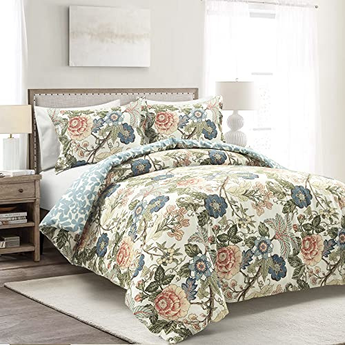 Lush Decor Sydney Reversible 100% Cotton Duvet Cover Set, 3 Piece Set, King, Green & Blue - King Bedding Set - Vintage, Cottage, Coquette Bedroom Decor