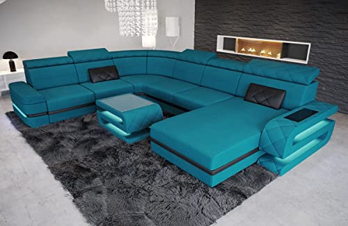 XXL Sofa Wohnlandschaft Bologna - mit LED Beleuchtung, verstellbare Kopfstützen, Recamiere/Mikrofaser/Ausrichtung wählbar (Ottomane rechts, Schwarz-Azurblau)
