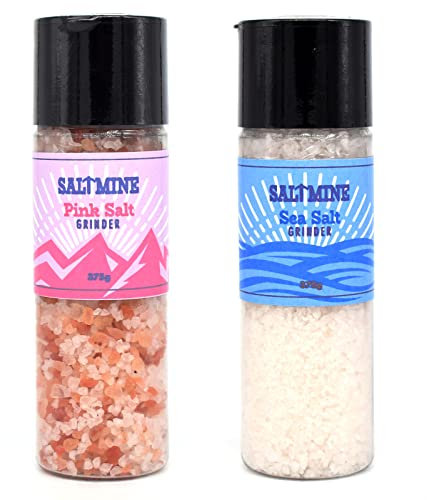 SaltMine Set of 2 Salt Grinders (375g of Himalayan Pink Rock Salt & 370g of Atlantic Sea Salt)