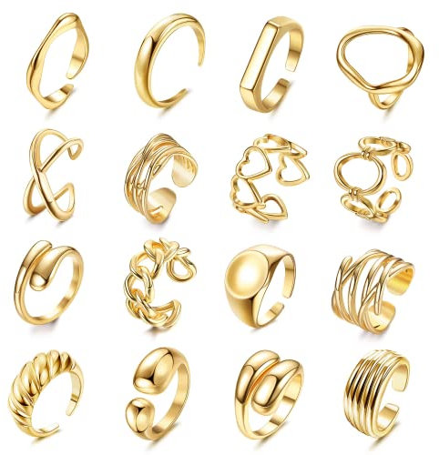Milacolato 16-teiliges Chunky Dome Ring Set für Frauen Mädchen - 18K Gold überzogene geflochtene verdrehte runde Signet Link Ringe - Offene Band Ringe Größe 5-9