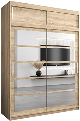 Kryspol Schwebetürenschrank Roma 2 180 cm mit Spiegel Kleiderschrank mit Kleiderstange und Einlegeboden Schlafzimmer- Wohnzimmerschrank Schiebetüren (Sonoma mit Erweiterung)