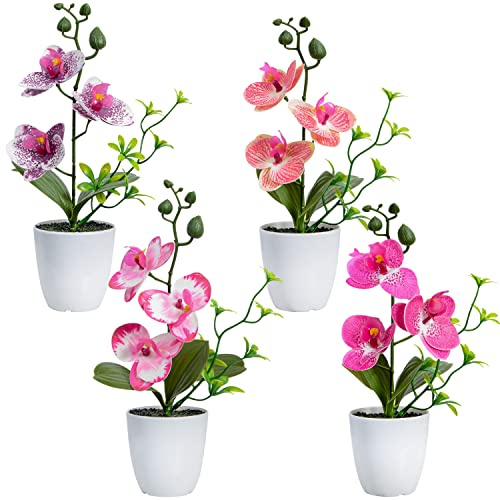 XONOR 4 mini orchidee artificiali fiori di orchidea in vaso con vaso di plastica per casa, ufficio, matrimonio, centrotavola (viola e rosso)