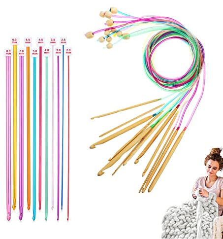 Tunesisches Häkelnadel-Set, 23-teiliges Zähl-Häkelnadel-Set, Bambus-Häkelnadeln, tunesisch-afghanisches Aluminium-Stricknadel-Set für Anfänger Gimocool