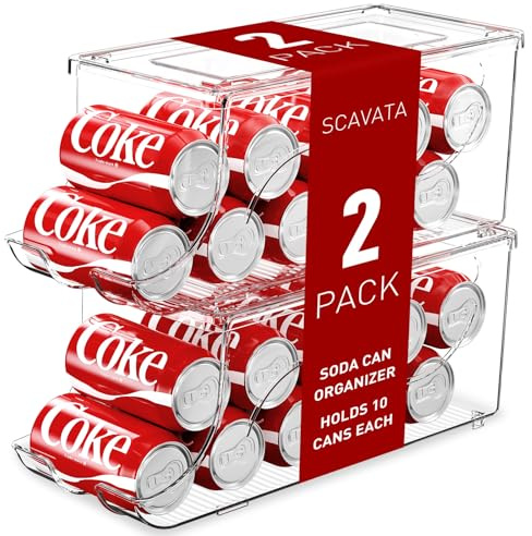 SCAVATA 2 Pack Stackable Refrigerator Organizer, Soda Can Dispenser Pop Cans Container Beverage Holder with Lid for Fridge, Freezer, Kitchen, Clear Plastic Storage Bins-Holds 10 Cans Each