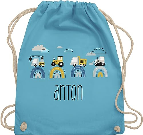 Turnbeutel Rucksack - Baustelle I Traktor I Bagger I Kran I Kipper I LKW I Planierraupe - Unisize - Hellblau - rucksäcke kindergarten junge personalisierter stoffbeutel trecker traktoren traktor,