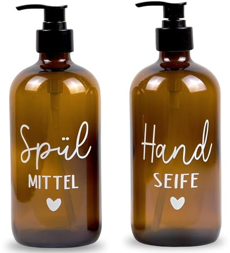 Glas Seifenspender 500ml - Schwarzer Pumpspender, Spülmittelspender für Küche. Handseifenspender für Badezimmer (Braun, Spülmittel + Handseife)
