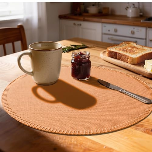 Rinpon Round Placemats Set of 8 - Machine Washable Linen-Like Cloth Place Mats & Heat-Resistant for Dining Table - Ideal for Family Meals, Daily Use, and Holiday Gatherings (Orange)