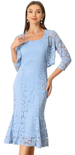 Allegra K 2pc Lace Dress for Women's Sleeveless Fishtail Sheath Dresses and Crop Shrugs Light Blue M