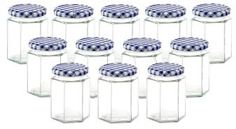 Lucenté 12PC Glass Jam Jars Preserve Pots Pickle Jars with Airtight Blue Gingham Screw Top Lids - 280ml