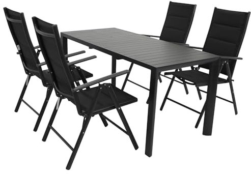 DEGAMO Gartengarnitur Lagos 5-teilig, 4X Klappsessel aus Aluminium anthrazit und gepolstertem Textilgewebe in schwarz + 1x Ausziehtisch Aluminium 120/162x70cm, anthrazit