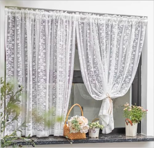 Yaland Scheibengardine mit floralem Rankenmuster 1 Stück HxB 100x100cm | Jacquard Landhausstil Gardine mit Vertikalstreifen & Blumenranken Bistrogardine mit Tunnelzug für Küche & Café Weiß