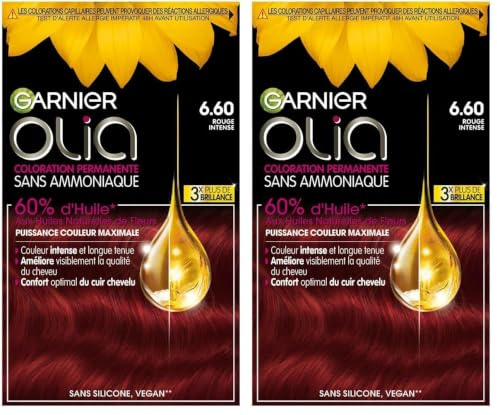 Garnier Coloration Permanente - Sans Ammoniaque - Aux Huiles Naturelles de Fleurs - Rouge Intense (6.60) - Olia Vivids (Lot de 2)