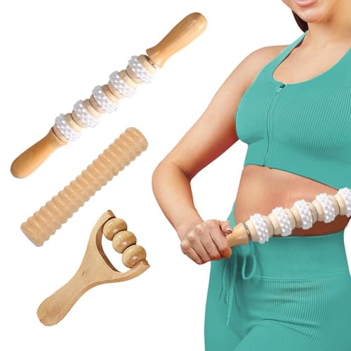 Pizsieat 3 stk Faszienrolle Holz Massageroller,Cellulite Massagegerät mit Griff Faszienstab Massage Rückenmuskel-Roller für Lymphdrainage, Muskelentspannung, Körperformung,Gua Sha Massage(Buche)