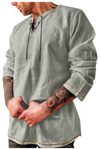 Beokeuioe Herren Mittelalterliches Kostüm Stehkragen Schnürhemd Renaissance Shirts Herren Mittelalter Hemd Renaissance Viktorian Viking Kostüm Piratenhemden Gothic Hemd