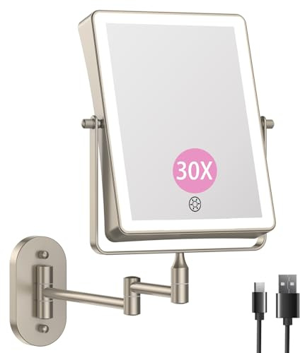 Famihomii 5000mAh Wiederaufladbar Kosmetikspiegel mit LED Beleuchtetung | Schminkspiegel mit 1/30X Vergrößerung Und Touchschalter, Dimmbarer Rasierspiegel 360° Schwenkbar Wandmontage (Nickel)