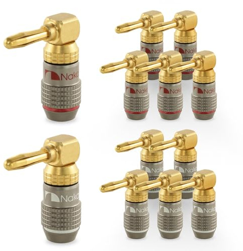 Nakamichi FanLock Excel Series 24k Gold Plated Right-Angle 90 Degree Banana Plugs 10 AWG - 18 AWG Gauge Size 4mm for Speakers Amplifier Hi-Fi Home Theatre Wire Cable Quick Connector, 12 Pcs (6-Pairs)