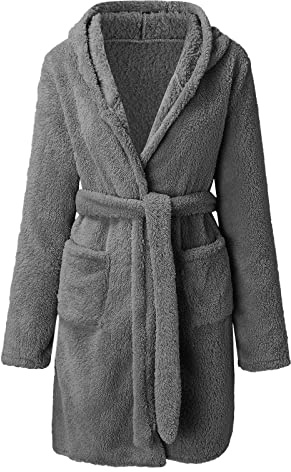Bademantel Damen Flauschig Leicht Weich Kapuze Knielang Kurz Hausmantel Morgenmantel Reisebademantel Sauna Spa Kuschel Bademantel Grau M