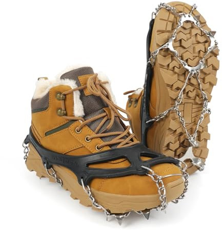 Bingyouth Ice Klampen Steigeisen, Grödel Steigeisen für Bergschuhe, Verdickte Schuhkrallen aus Edelstahl Anti-Rutsch Schuhspikes für Damen Herren für Wandern Klettern Angeln Schwarz-L