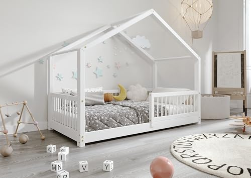 TIMBEE MURLO - Kinderbett Holz - Hausförmig mit Sprossen - Solide Konstruktion aus Naturholz - Langlebig und elegant - Weiß - 100x200cm - 3cm Lange Beine
