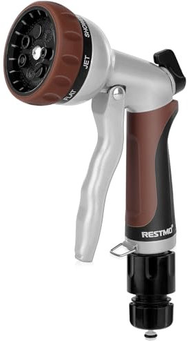 RESTMO Pistola de Riego de Metal, Pistola Manguera Jardín Alta Presión, 7 Modos de Pulverización Ajustable, Ideal para Regar Plantas y Césped, Lavado de Coches y Mascotas, Marrón