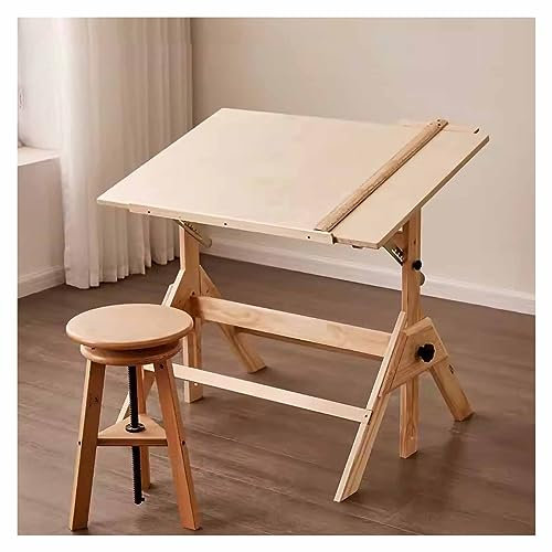 Vintage Holz Zeichentisch und Hocker Set Einstellbare Höhe Künstlerstuhl Neigbare Tischplatte für Kunstwerke, Grafikdesign und Schreiben