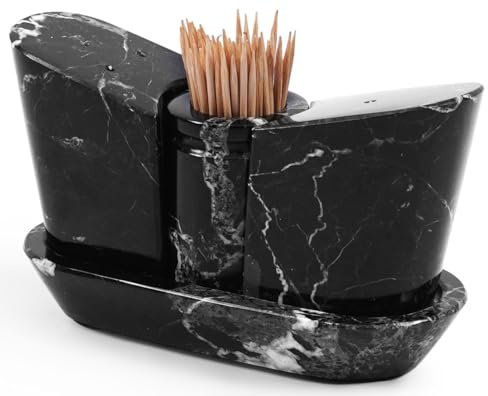 SPESHSTONES Juego de 2 saleros y pimenteros de mármol de 2.5 pulgadas, color negro, para cocina, recipientes de condimentos para encimera, tarros de especias con bandeja y azucarero para decoración de
