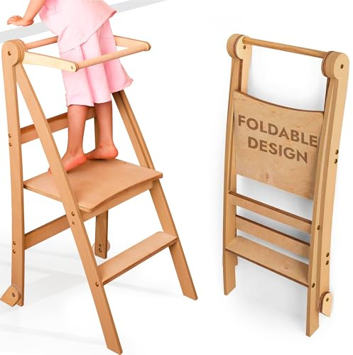 Torre di apprendimento in legno Montessori salvaspazio : Torre pieghevole, sgabello per bambini, scala pieghevole per bambini, torre di apprendimento con protezione anti-inclinazione