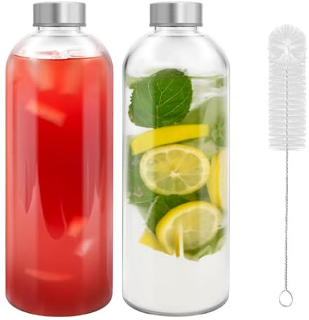 Eidoct Paquete de 2 botellas de agua de vidrio reutilizables de 1 litro, a prueba de fugas, resistente al calor, para bebidas calientes/frías, jugos, batidos y café, incluye cepillo para botellas