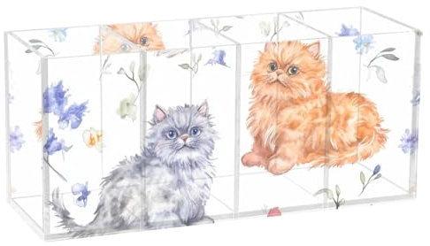 Foiosoh Acryl-Bleistiftbecher für Schreibtisch, 4 Fächer, transparent, Schreibwaren-Organizer, Kunststoff, Besteck-Organizer für Schlafzimmer, Büro, Zubehör, Selkirk Rex Katzen, Weiß