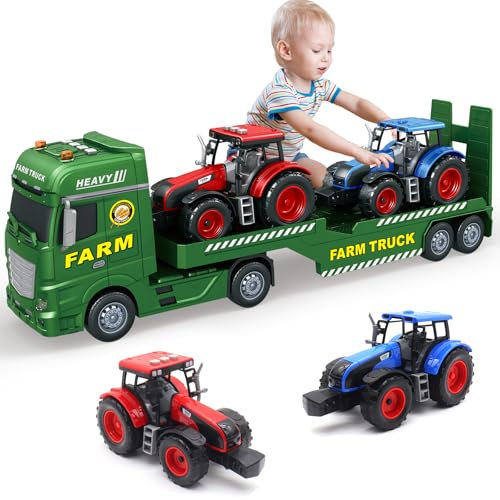 Mostop Großer Flachbett Sattelschlepper,25.6'' große Farm Truck Spielzeug mit 2 Traktoren,Reibungsangetriebener Bauernhof-Transporter Traktor Spielzeug mit Licht & Sound, Bauernhofspielzeug für Kinder