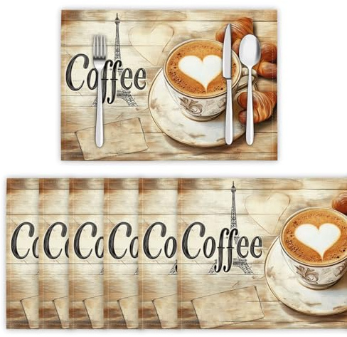 Turm Kaffee Herz abwaschbar & rutschfes,4 er Set Platzsets 45x30cm Platzdeckchen rutschfest Tischmatten Abgrifffeste Hitzebeständig Tischsets für Küche & Esszimmer