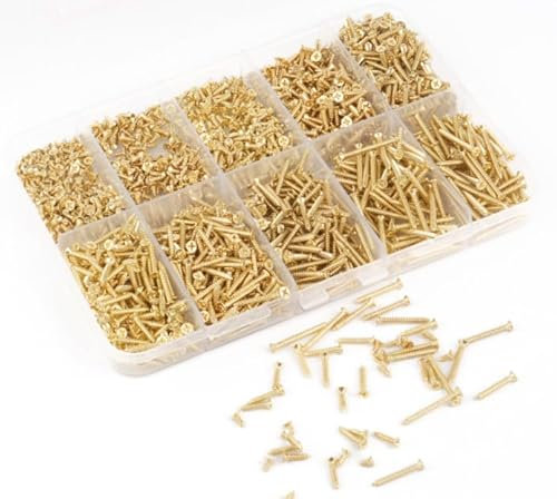 1660 Pcs M2 Small Wood Screws Assortment Kit, for Phillips Cross Flat Head Self Tapping Screws for Deck Chipboard Construction Drywall Concrete Screw Assorted Set(Gold)