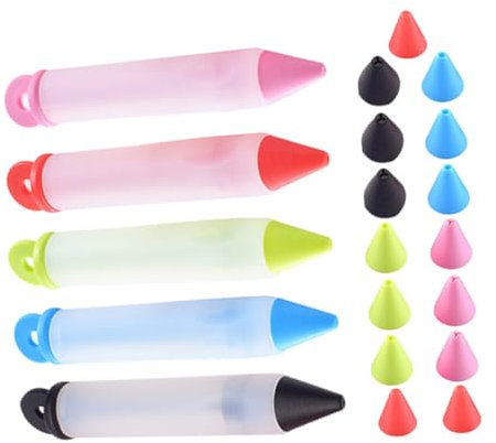 KOCKSHION 5pezzi Penna Decorativa Silicone Per Torte Strumento Di Scrittura Per Cake Design Di Colori Vivaci Con Beccucci Sostituibili Per Decorazioni Di Dolci e Dessert Casa e Nei