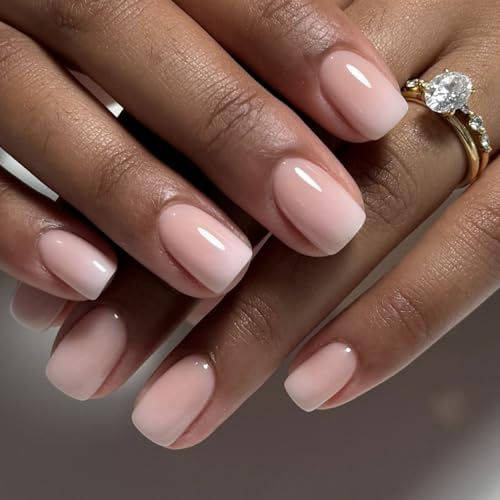 Ceboic 24 Pièces Faux Ongles Carré Court, Dégradé Blanc Nude Ongles à Coller, Glossy Français Press on Nails, Naturel & Réutilisables, Acrylique Faux Ongles Autocollants pour Femme Fille