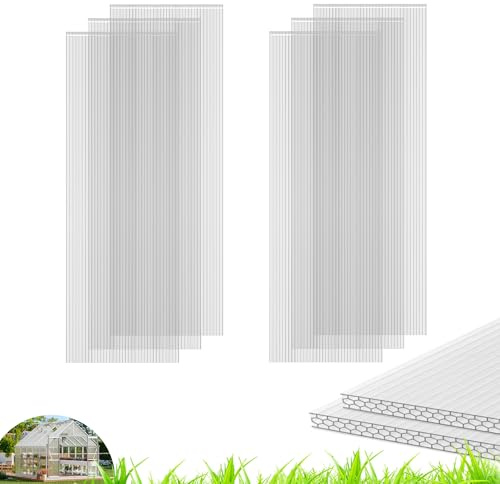 Quibbay Gewächshausplatten aus Polycarbonat, 1,8 x 60 x 0,8 cm, dreilagige Wabenplatten, UV-geschützte Wellkunststoff-Dachplatten, transparente Ersatzplatten für Gewächshausabdeckung, 6 Stück