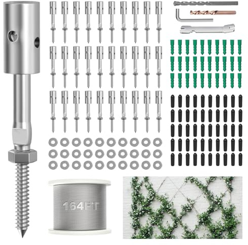 PLANTOP Rankhilfe Draht für Kletterpflanzen im Freien, 30 Set Wanddraht Rankhilfe Kit mit 1/8 Zoll x 50 m Edelstahlkabel, T316 Spaliersystem Kabelspalier Kit mit verstellbarem Abstand, Ranken, grüne