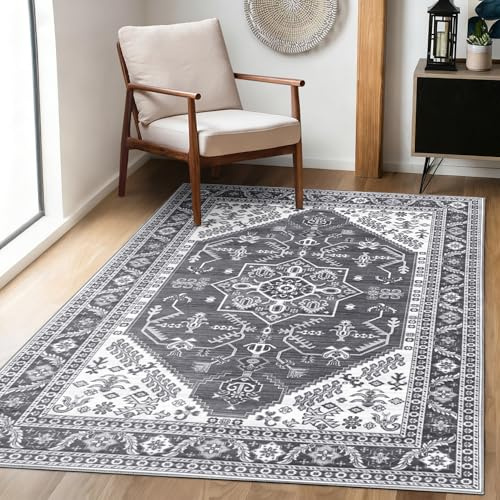 Achiiso Dunkelgrau Wohnzimmerteppich Waschbar 140x200cm Teppiche | Kurzflor, Rutschfest, Boho, Vintage, für Küche, Innenbereich, Schlafzimmer, Esszimmer, Eingangsbereich, Kinderzimmer